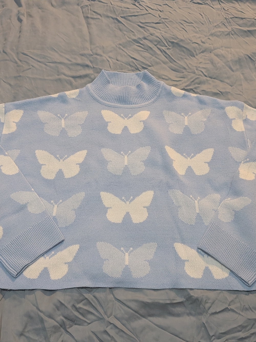 H&M Light Blue and White Butterfly Turtleneck Sweater
